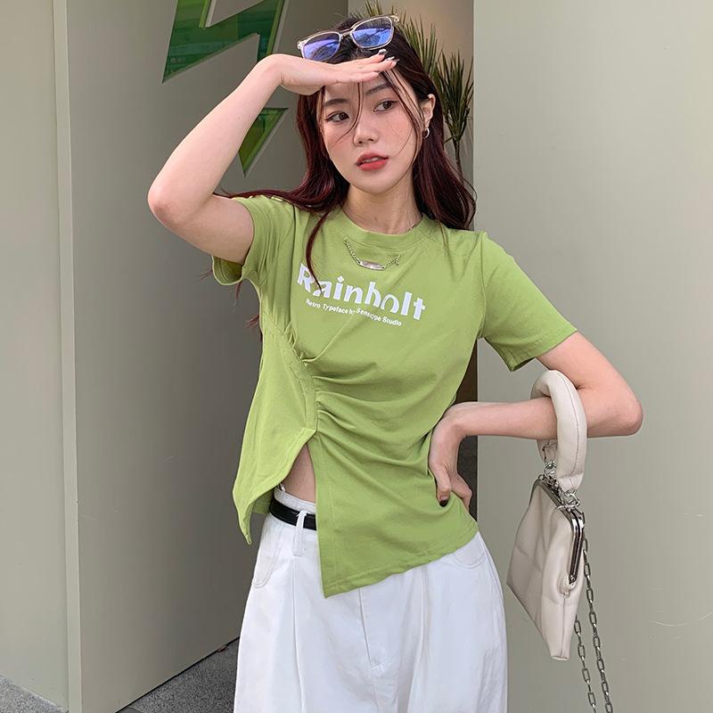 

American Hot Girl Slit Short-sleeved T-shirt for Women In Summer Cotton-covered Front Shoulder Base Shirt for Women Women Sexy Short Tops for Women XL зелёный