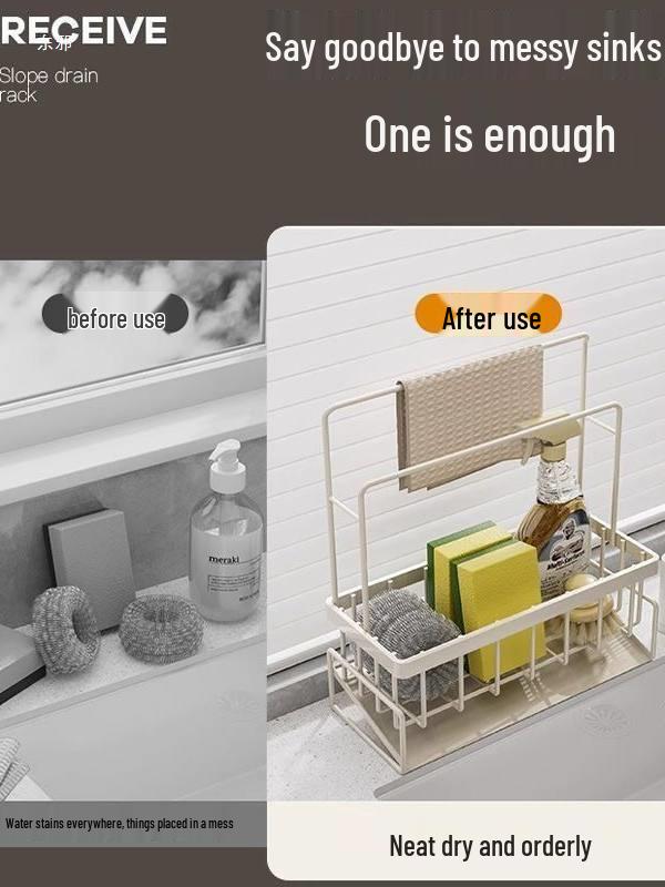 Slope Kitchen Sink Rack: No-Punch Rag & Soap Holder with Draining Function