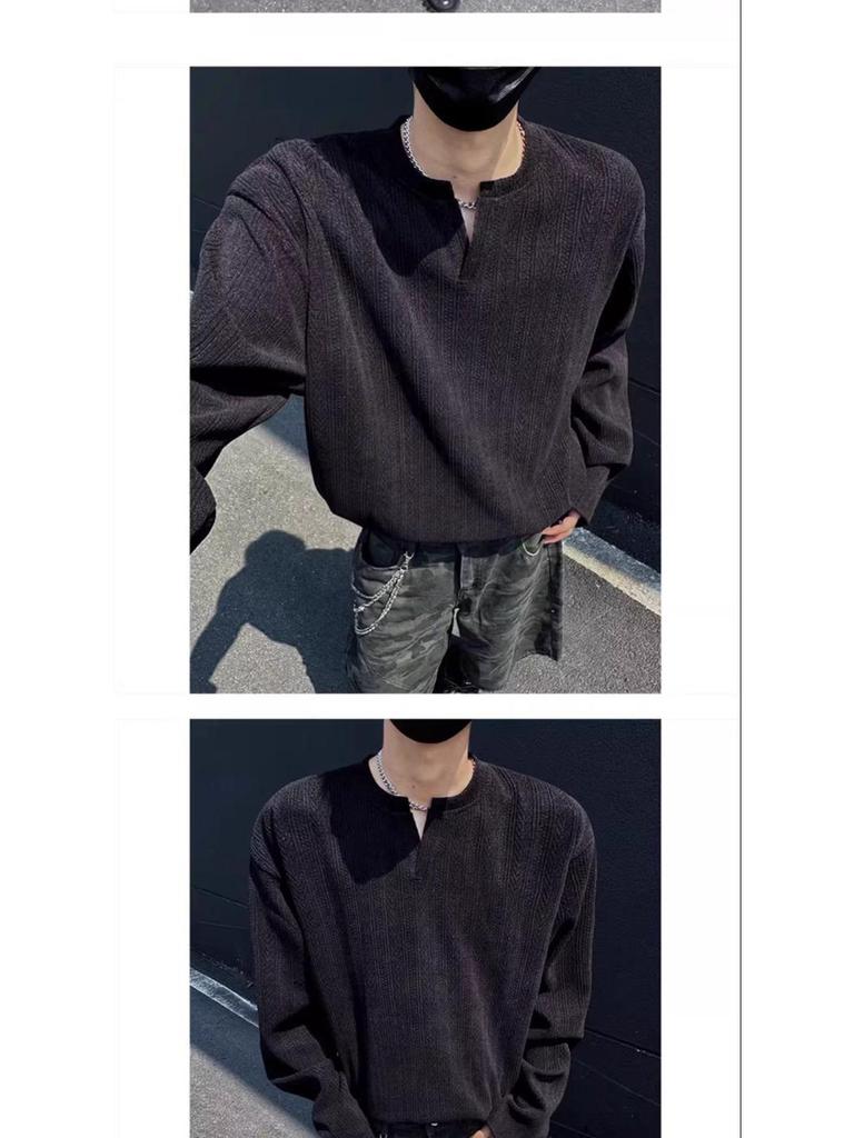 Men's American Trendy V-Neck Jacquard Sweatshirt: Loose Fit, Long-Sleeve, Casual High Street Style T-Shirt for Autumn.