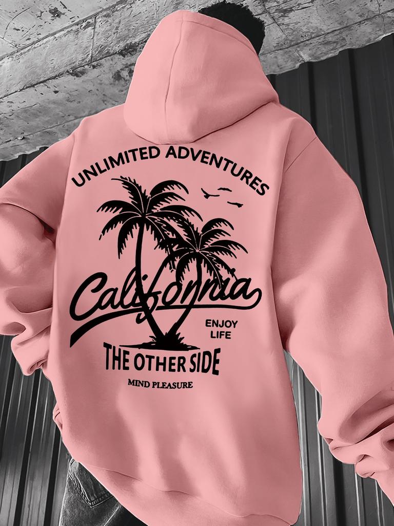 Vacation Style Hip Hop Sweatshirt For Men, California Seaside Scenery Letter Slogan Back Design, Soft Skin Friendly Daily Sports Hoodie