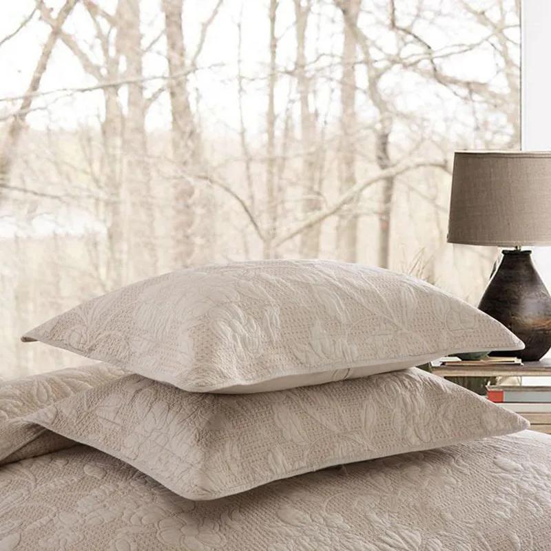 Embroidered Cotton Quilt Set 3pcs Solid Color Bedspread with 2 Pillowcase King Queen Size Coverlet Blanket for Bed Comforter