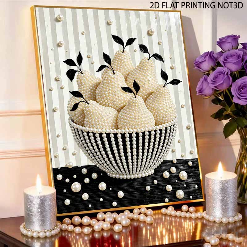 Unique 5D Framed Pearl Painting Kit with White Pear Fruit Bowl Pattern Sparkling Bead Art Canvas DIY Handmade Craft for Living Room Decor