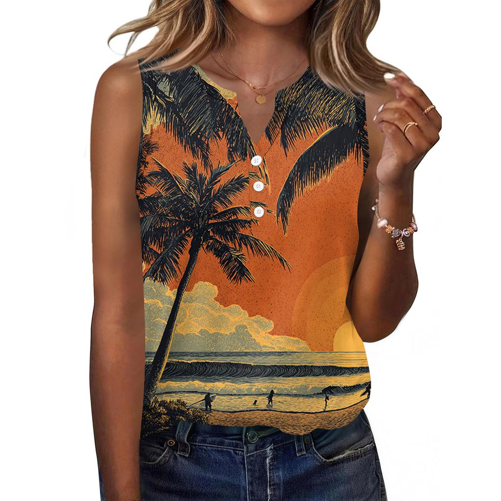 Women's Fashionable Casual Hawaiian Print Sleeveless Button Vest Top