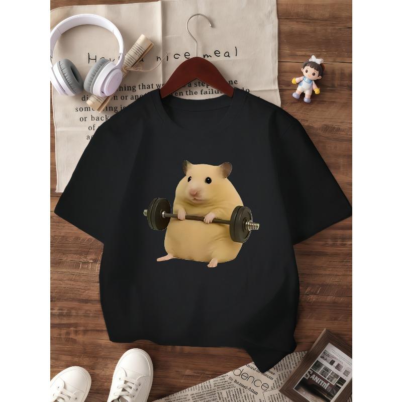 European sizes Cute Short-Sleeved T-Shirt for Girls Featuring a Round Neck And a Fun Sports Theme with a Cartoon Hamster Lifting Weights