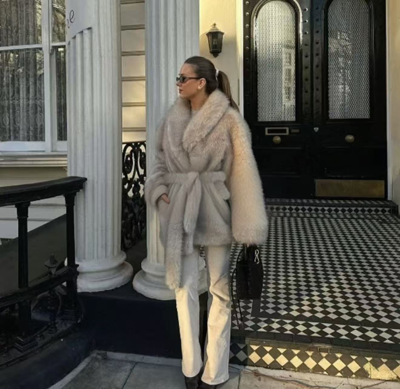 

Imitation Fur Jacket with Waistband Mid Length one size fits all