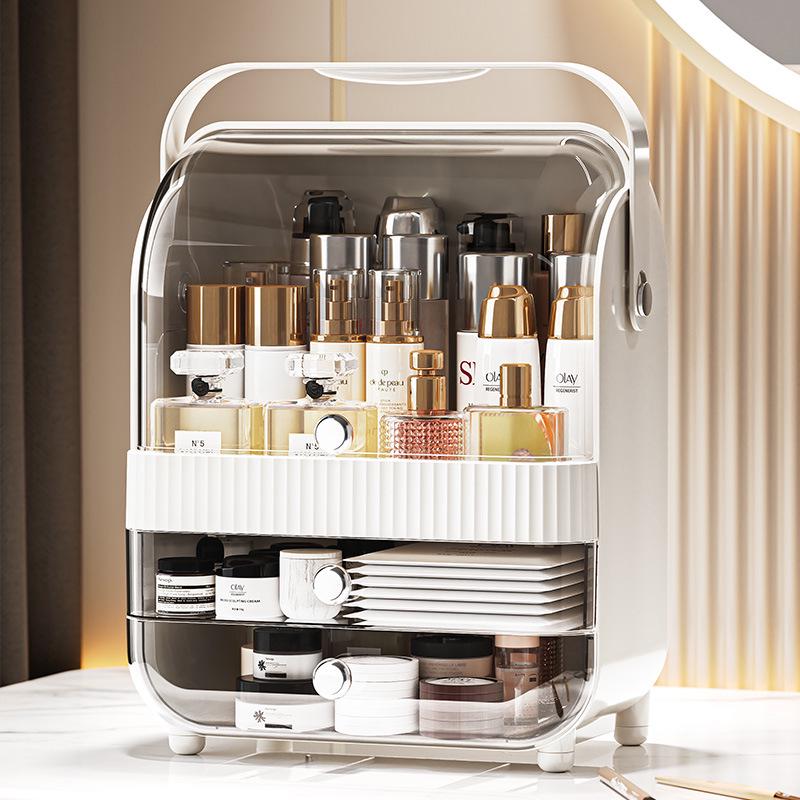 Large Capacity Dustproof Cosmetic Storage Box with Desktop Drawer for Skincare and Makeup