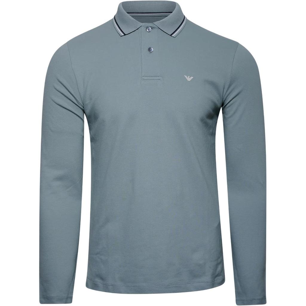 Emporio Armani Double Stripe Button Long Sleeve Polo Shirt Men tops Silver Blue 8N1FB5-1JPTZ-06J9
