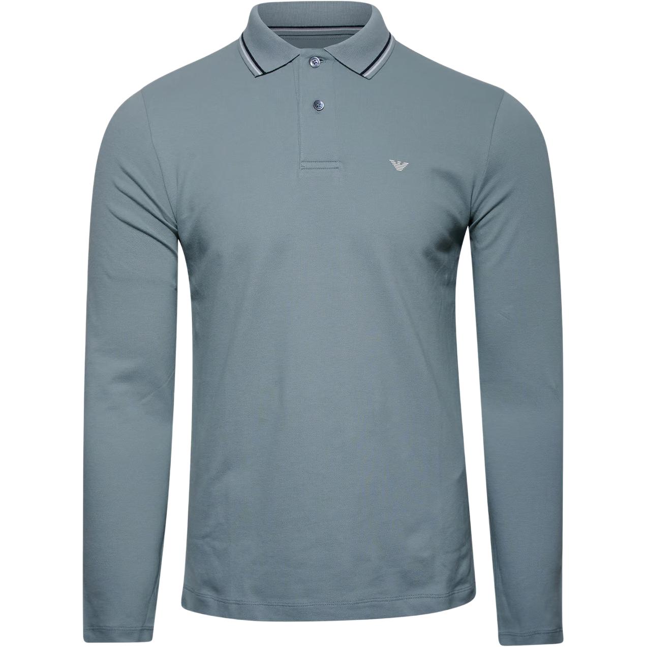 

Emporio Armani Double Stripe Button Long Sleeve Polo Shirt Men tops Silver Blue 8N1FB5-1JPTZ-06J9 XL