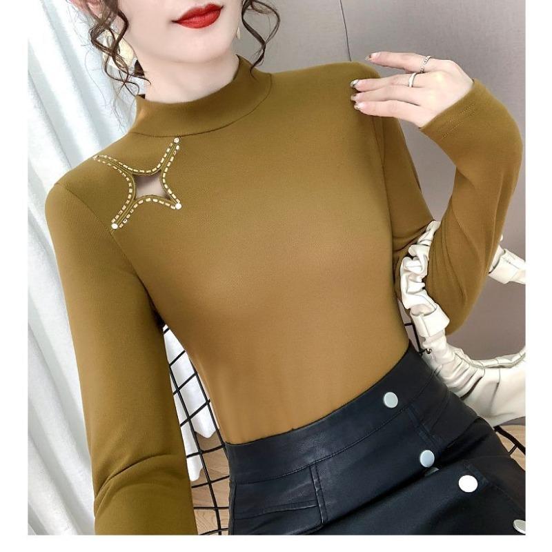 Hřejivá základní vrstva se sametovým jednobarevným tričkem na podzim zimu, úzký střih, všestranný polorolák, top v západním stylu, malé tričko