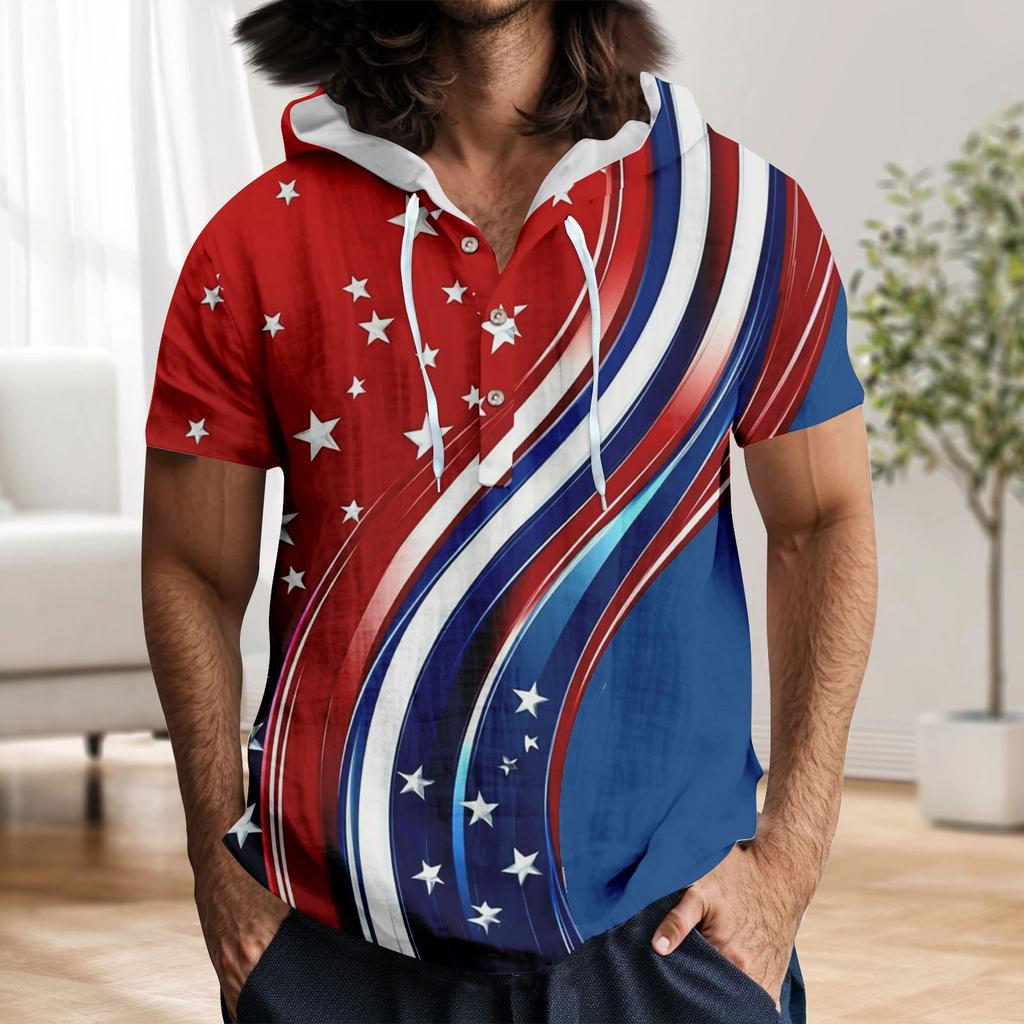 Herre Casual Kortermet Hettegenser T-skjorte med Knapper og Åpen Hals