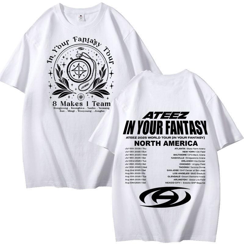 ATEEZ "In Your Fantasy" Vintage T‑Shirt, Front White Ornamental Badge with "8 Makes 1 Team" & Back Full Tour Date List, Oversized K‑Pop Fan Tee