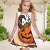 Little Girls Round Neck Sleeveless Printed A Line Flared Hem Dress Cute Bear Pumpkin Pattern