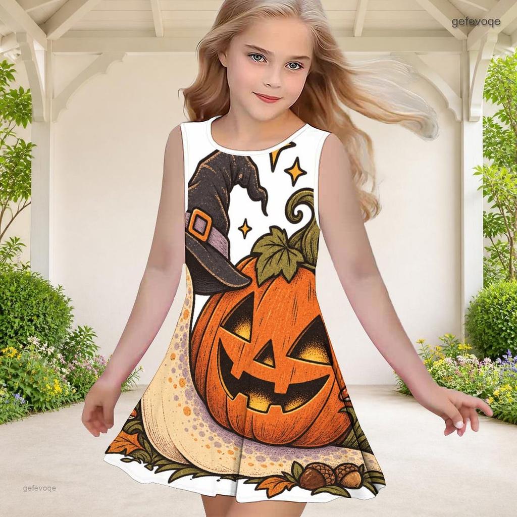 Little Girls Round Neck Sleeveless Printed A Line Flared Hem Dress Cute Bear Pumpkin Pattern