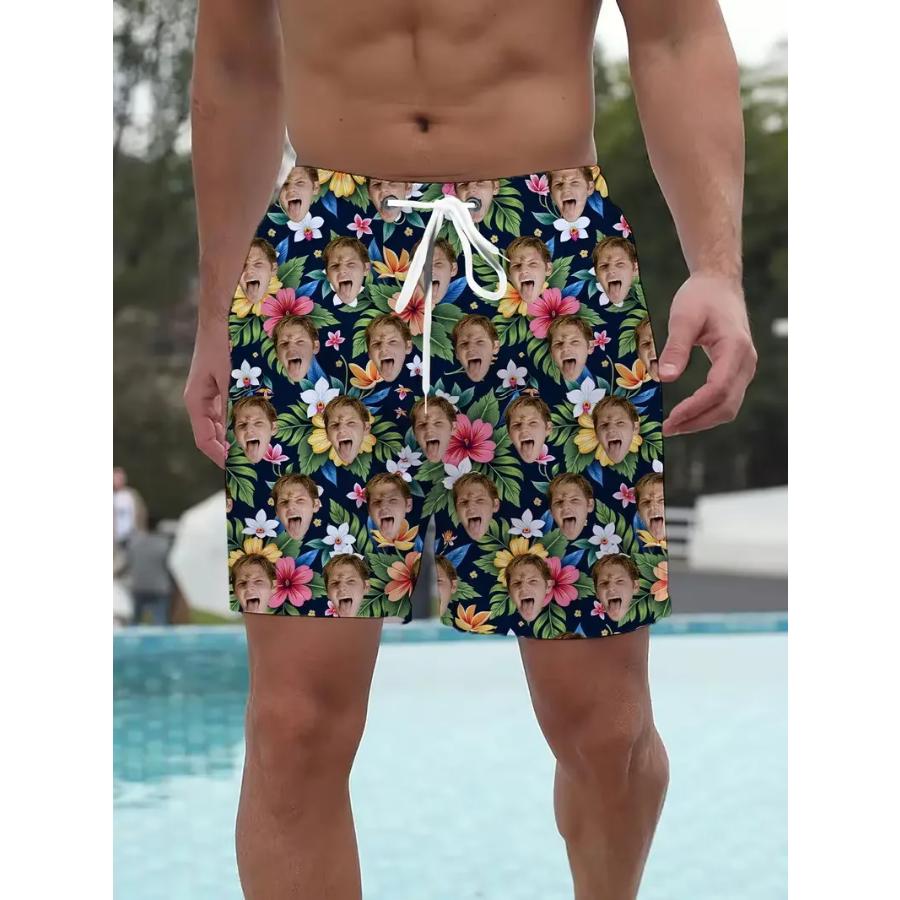 Custom Face Beach Shorts For Men 3D Digital Print Surfing Hawaiian Shorts Quick-Drying Lightweight Comfortable Swim Trunks