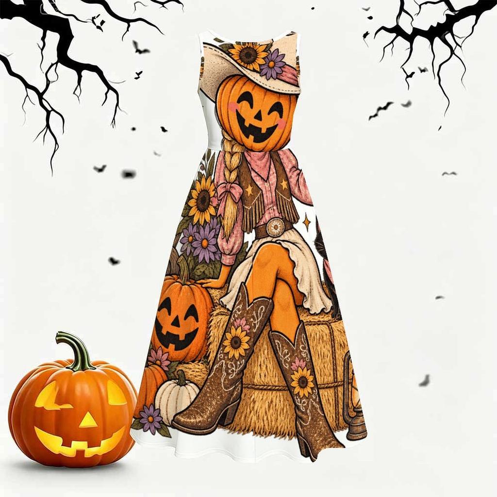 Women Plus Size White Round Neck Sleeveless Halloween Panda Ghost Printed Tie Waist A Line Dress