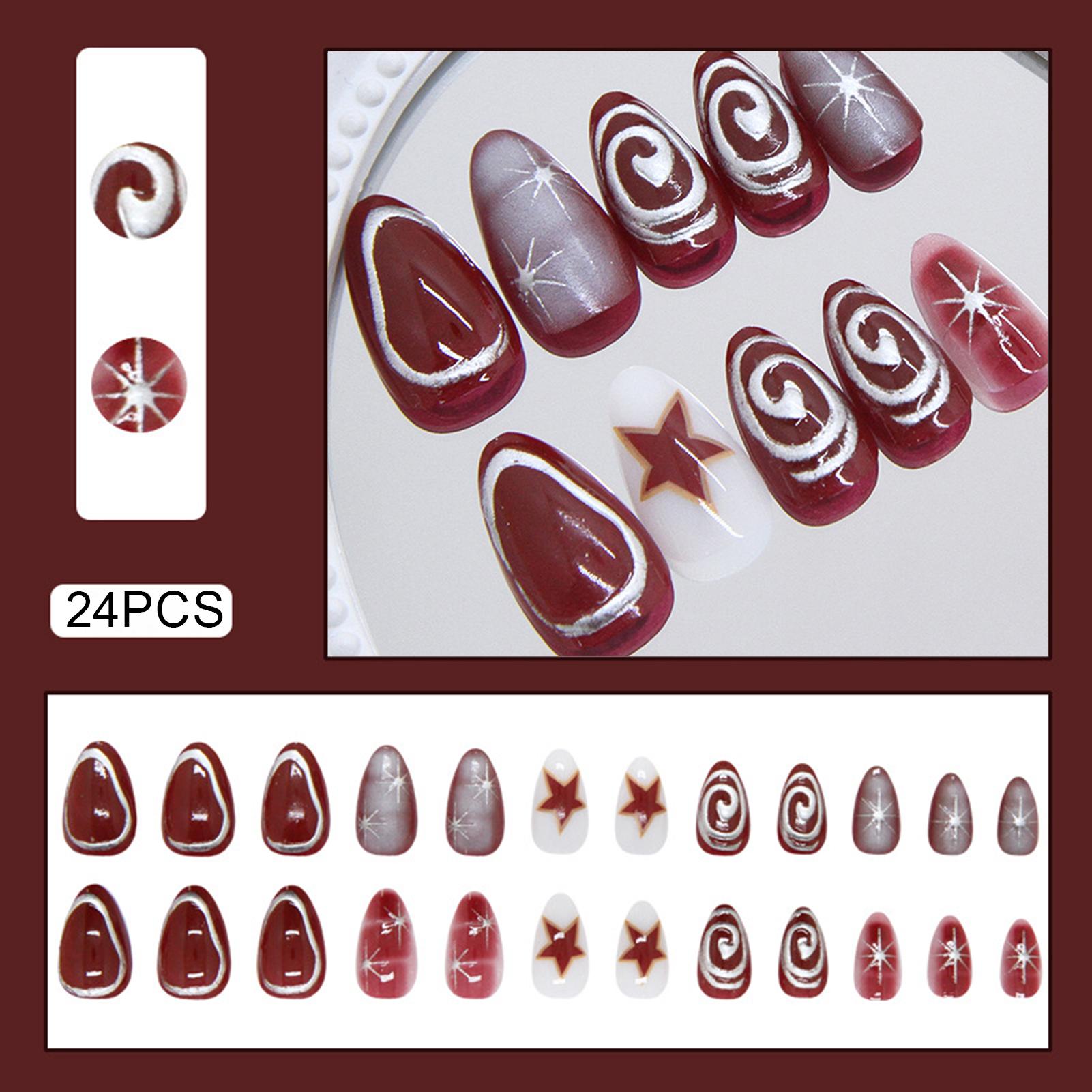 24PCS Glossy Red White Fake Nails Star Print Fake Nails Wearable Full Cover Nails Tips Acrylic Nail Tips Wearable False Nails
