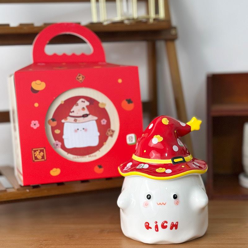 New Year Ghost Mug with Lid High Looking Cute Ceramic Water Cup Birthday Gift Coffee Cup Best Friend Gift