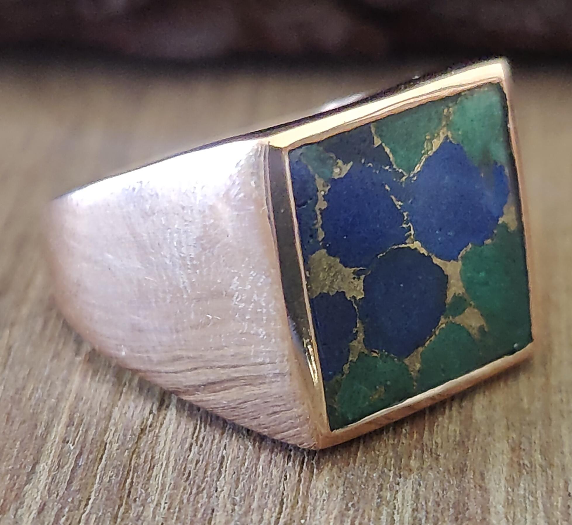 

Кольцо с азуритом и малахитом, кольцо с печаткой для мужчин и женщин, стерлинговое серебро 925 пробы, медное кольцо, кольцо с драгоценным камнем 12 серебряный