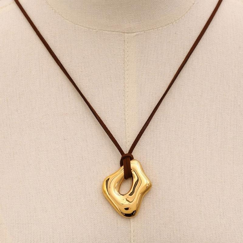 Trendy Irregular Geometric Metal Pendant Necklace Stylish Wax Rope Neckchain Handmade Jewelry Gift for Women Girls