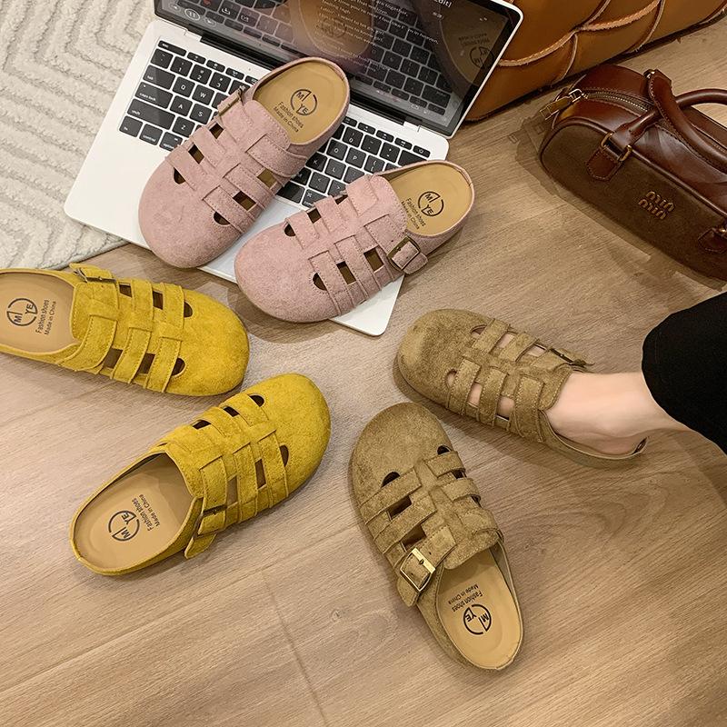 Baotou half single shoes women's summer 2025 new soft leather pig cage shoes platform non-slip sandals one pedal Boken shoes