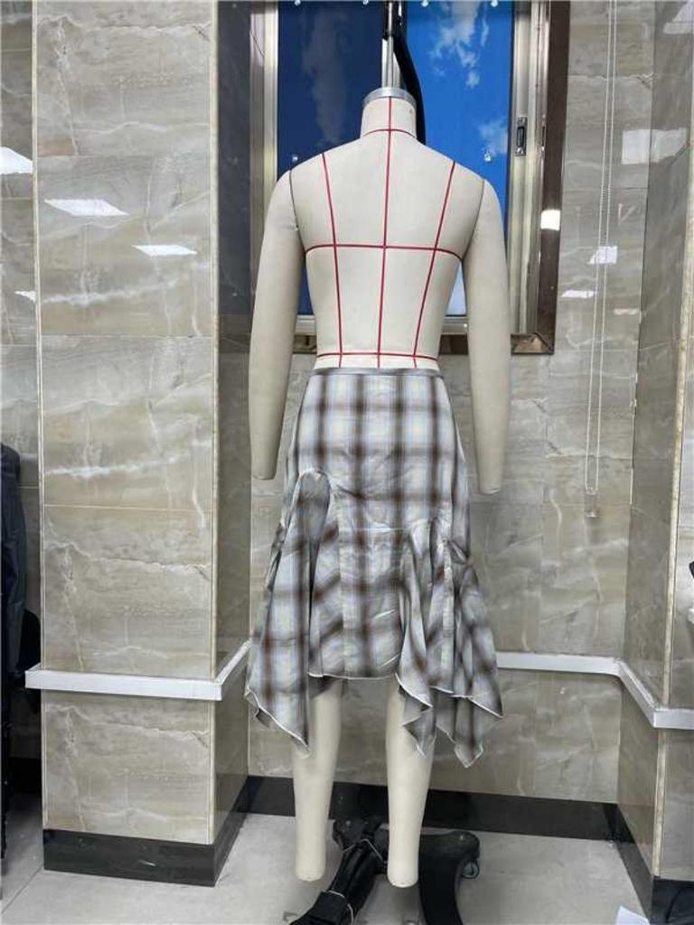 Plaid Patchwork High-Waisted Irregular Hem Midi Skirt