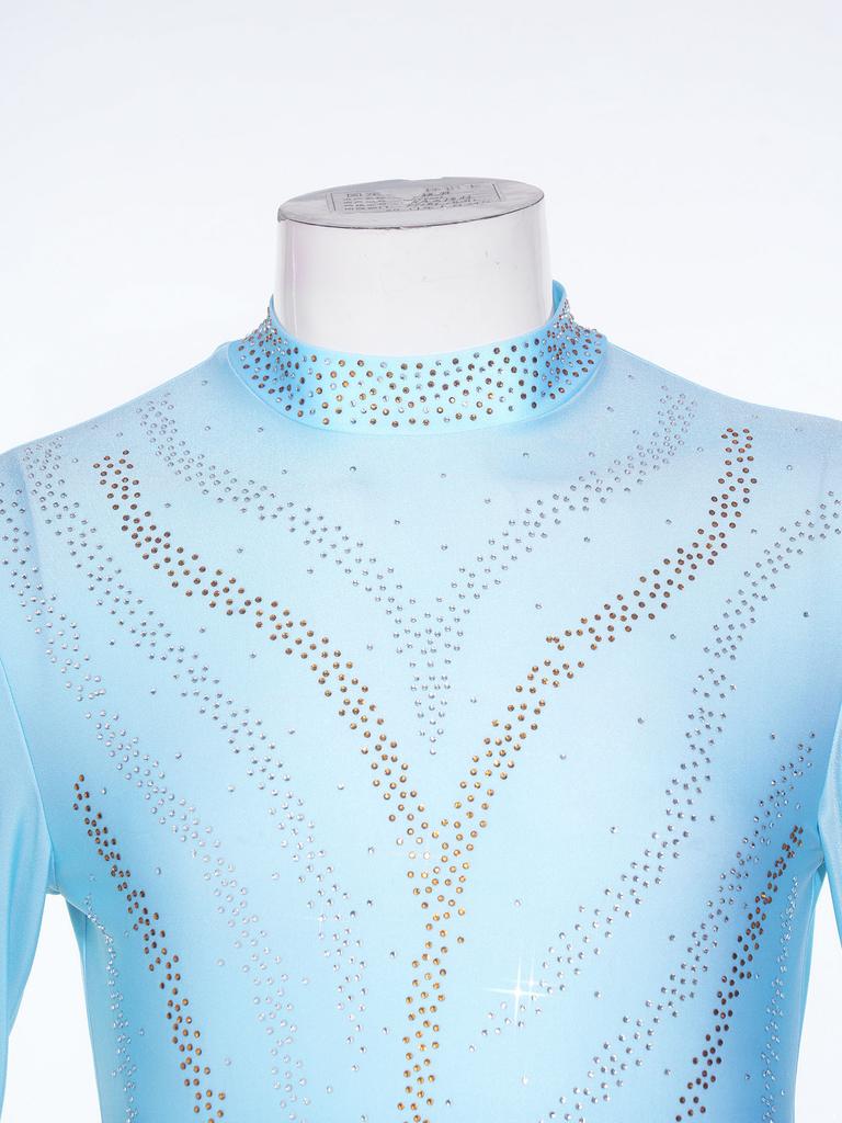 Mens Figure Skating Bodysuit Gradient Color Rhinestones Mock Neck Long Back Zipper One Piece Leotard