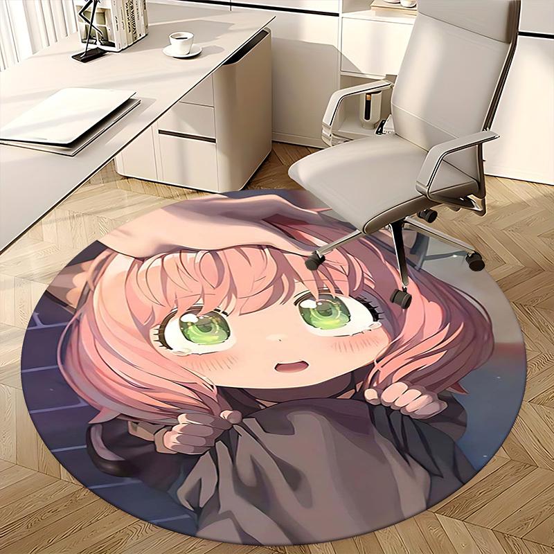 1pc Anime Design Round Carpet Cute Cat Girl with Pink Hair and Green Eyes, Office Chair Mat, Home Decor, Living Room, Bedroom, Non Slip Rug, Gift