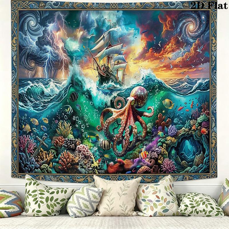 Pirate Ship Art Wall Tapestry Aesthetic Wall Hanging Printed Fabric Blanket Decorative Tapestries for Bedroom Living Room Home Decor