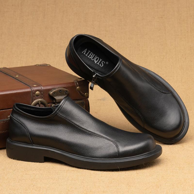 Summer New Men's Top Layer Cowhide Side Zipper Single Shoe Smooth Round Toe Trendy Casual Korean Version Business Leather Shoes
