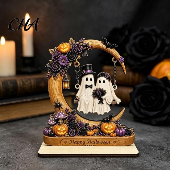 Desktop Halloween Decorations Moon Swing Ghost Figurine, Reading On with Floral Tiered Tray Decor Pumpkin Accents, Wooden Bookshelf for Desk