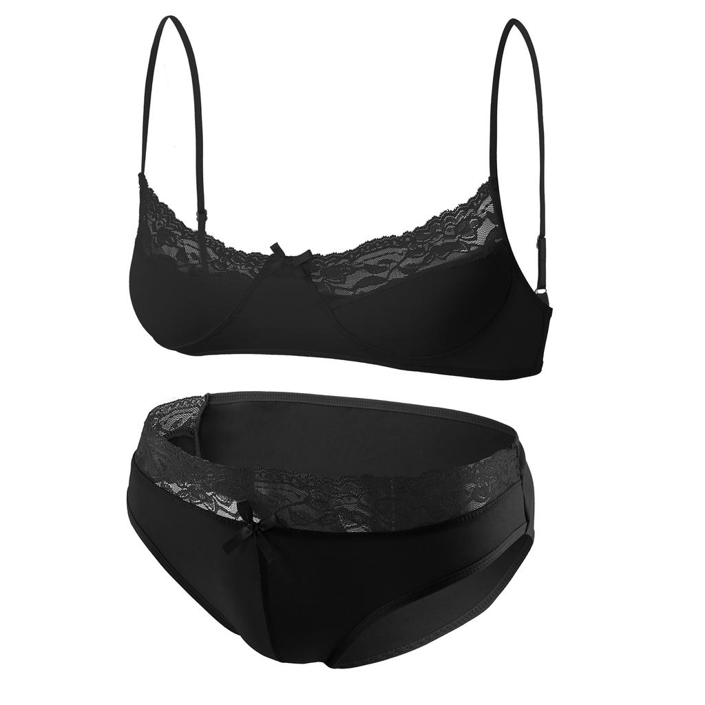 Sexy Men's Lace Trim Lingerie Panties Set Man Sissy Two Piece Crossdresser Underwear Spaghetti Strap Bra with Briefs