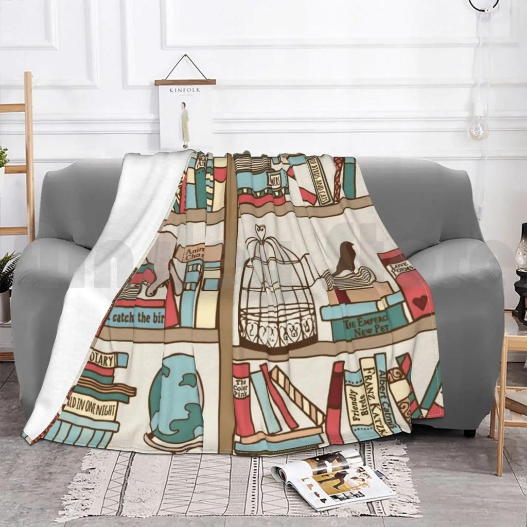 Cartoon Cat On the Bookshelf Printed Blanket for Sofa Bed Travel Camping Living Room Office Conditioning Blanket