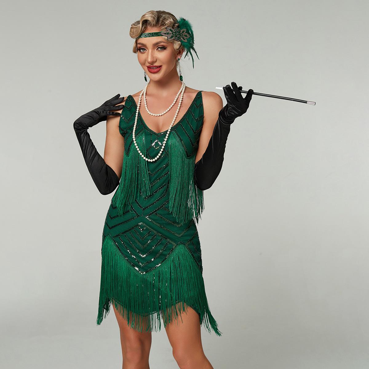 

Юбка на подтяжках с бахромой из пайеток, европейское и американское винтажное платье в стиле Гэтсби для бала, вечера S зелёный