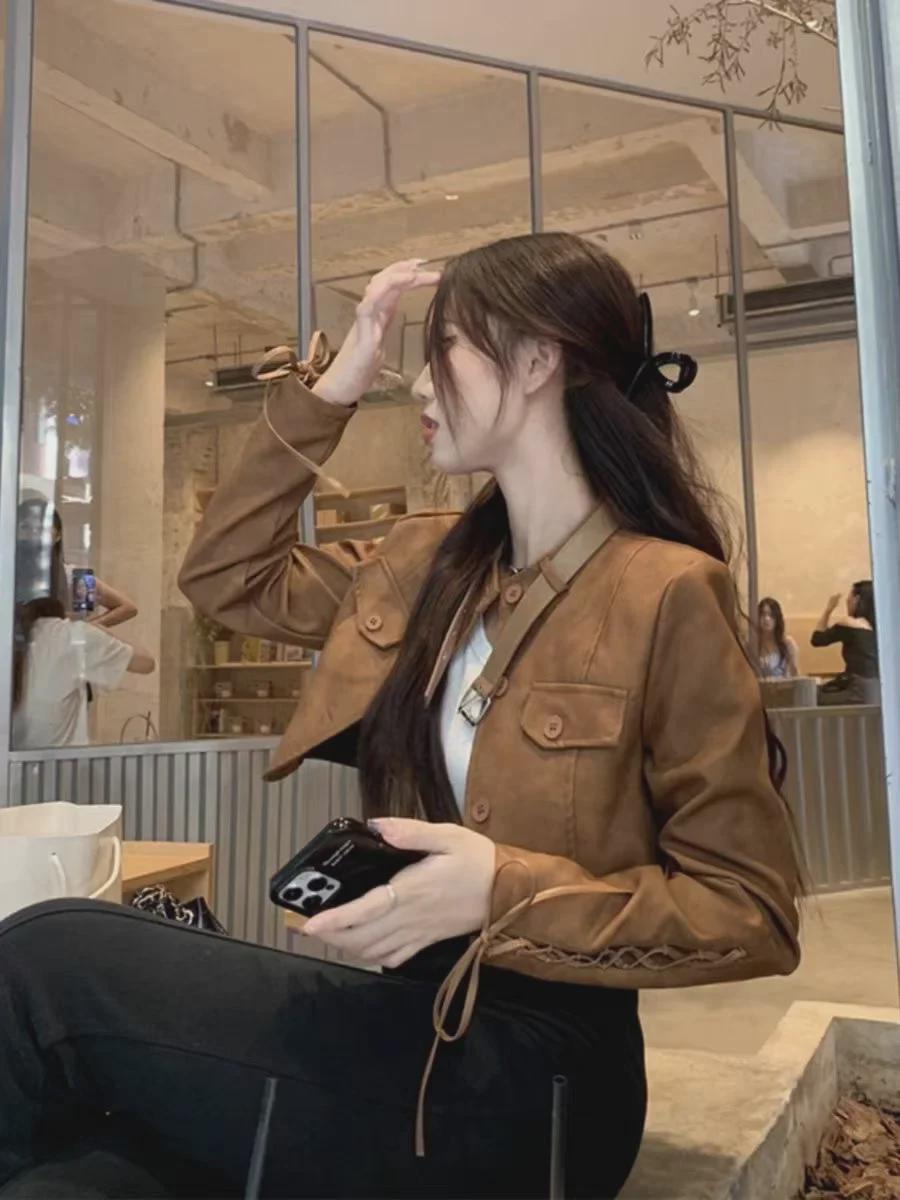 

Women s Retro Brown Strappy Leather Motorcycle Jacket with Long Sleeves S