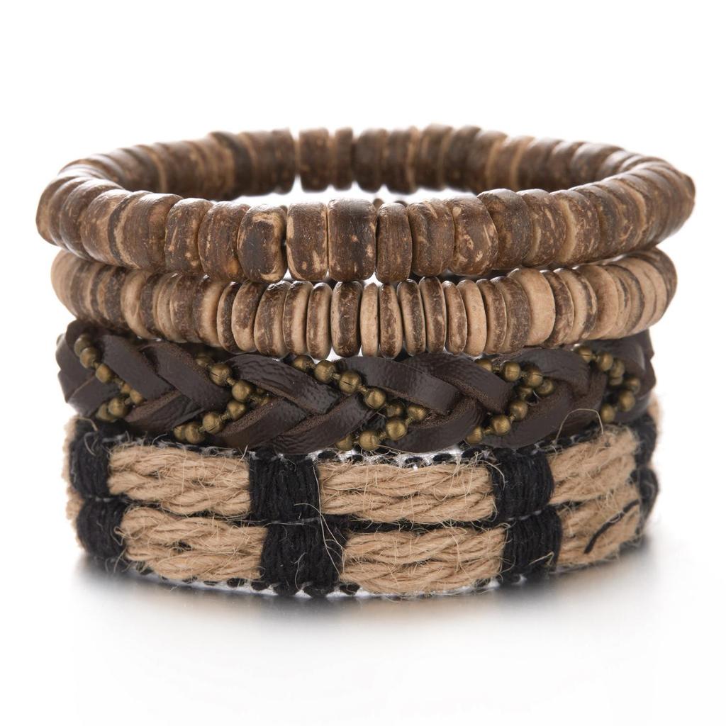 Men's Multi-Layer Bracelet Set with Wooden Beads and Braided Leather