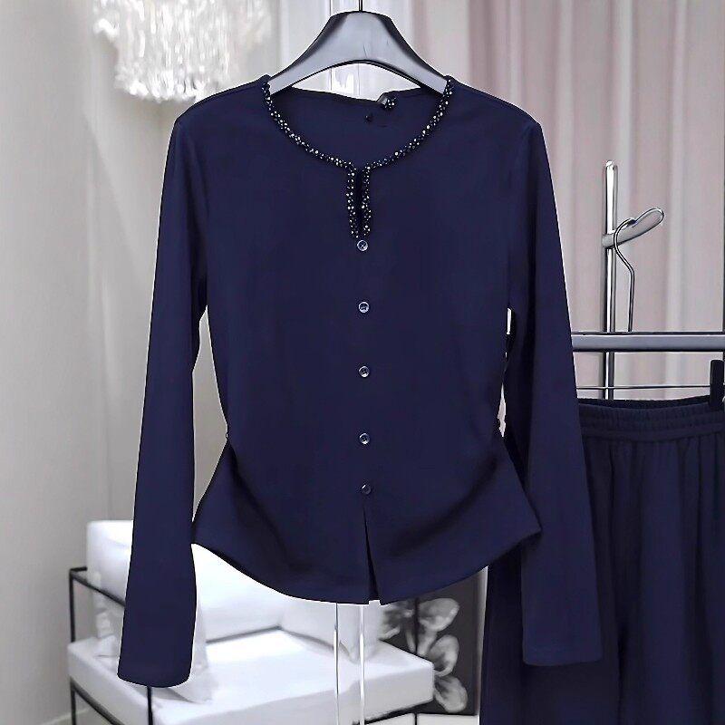 

Plus-Size High-End Unique Non-Crowded Style Tops for Women 2026 New Popular Spring Waist-Cinching Slimming Beaded Long-Sleeve T-Shirt