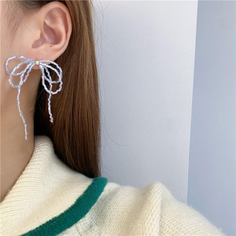Exquisited Beaded Bowknot Drop Earrings Simple Dangle Earrings Fashion Tassels Drop Earrings Jewelry Small Hoop Earrings