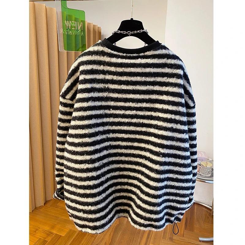 Striped T-shirt Bottoming Shirt for Women Winter Loose Thickened Long-sleeved Top