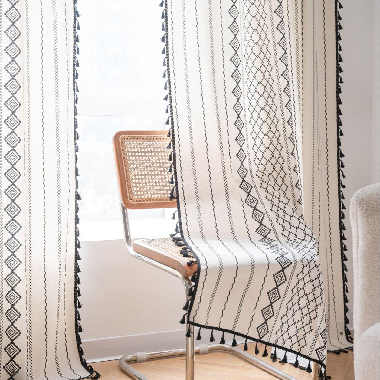 

Boho Window Curtains with Tassels Geometric Print Country Style Room Darkening Curtain Panel for Bedroom Living Room, 1 Piece W150xH160cm&Rod Pocket