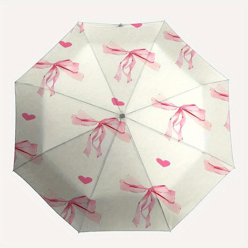 Ombrello pieghevole automatico con fiocchi rosa, design semplice a otto stecche, motivo a colori vivaci, telaio in ferro resistente, ideale per viaggi e attività all'aperto, spiaggia