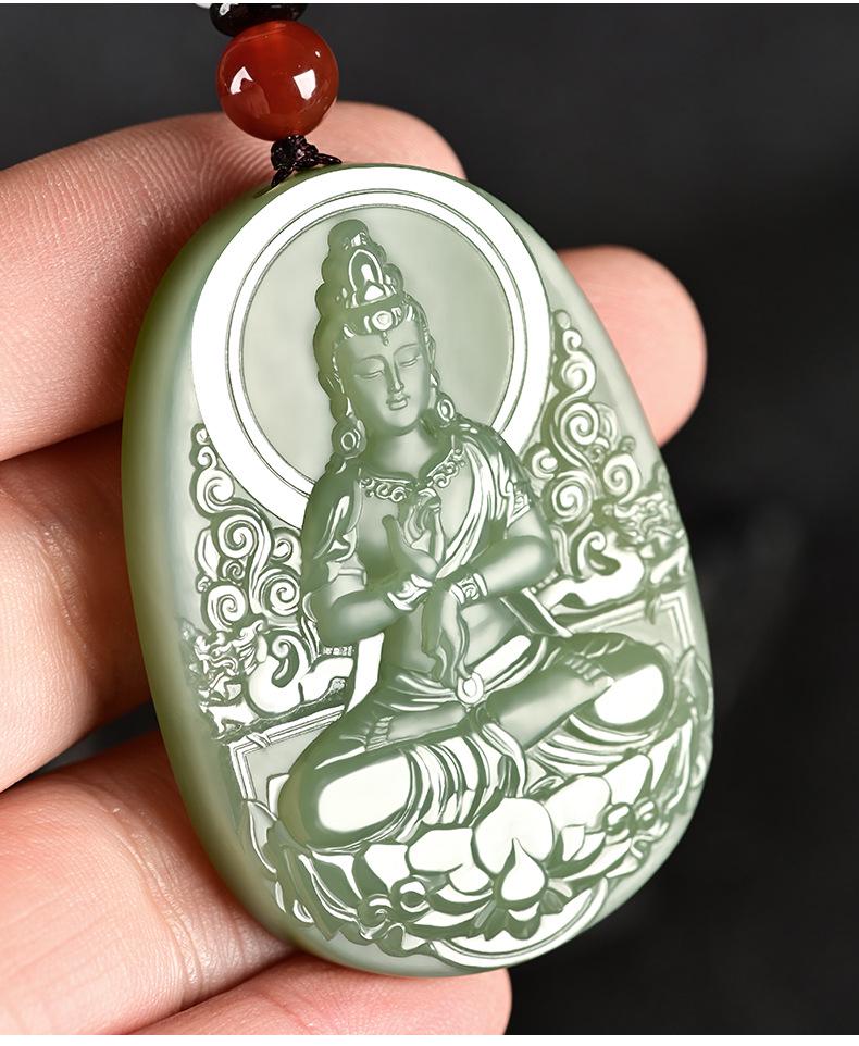Xinjiang Hotan Mutton Fat Jade Guanyin Pendant for Men: Lotus-Sitting Bodhisattva with Certificate