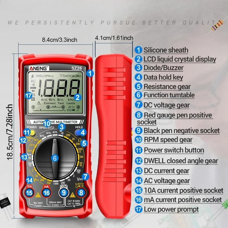 Aneng SZ26 Smart Multimeter AC/DC Voltage DC Current High Precision Car Overhaul Multimetro Diode Resistance Tester 1999 Count with Digital Display