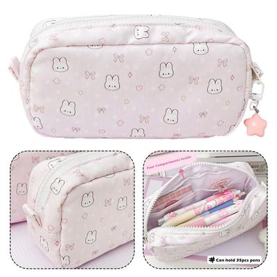 Trousse à crayons durable avec nœud papillon et lapin, toucher doux, multifonctionnelle, sac de rangement pour papeterie, retour à l'école
