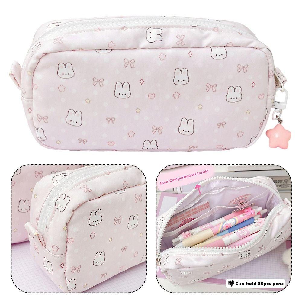 Durable Bowknot Rabbit Pen Bag Soft Touch Multi-functional Pencil Case Stationery Storage Bag Back To School