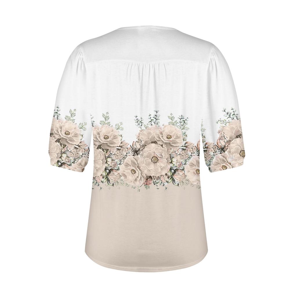 Women's Puff Short Sleeve Tunic Tops Pleated Neck Blouses Casual Loose Spring And Summer T-Shirts