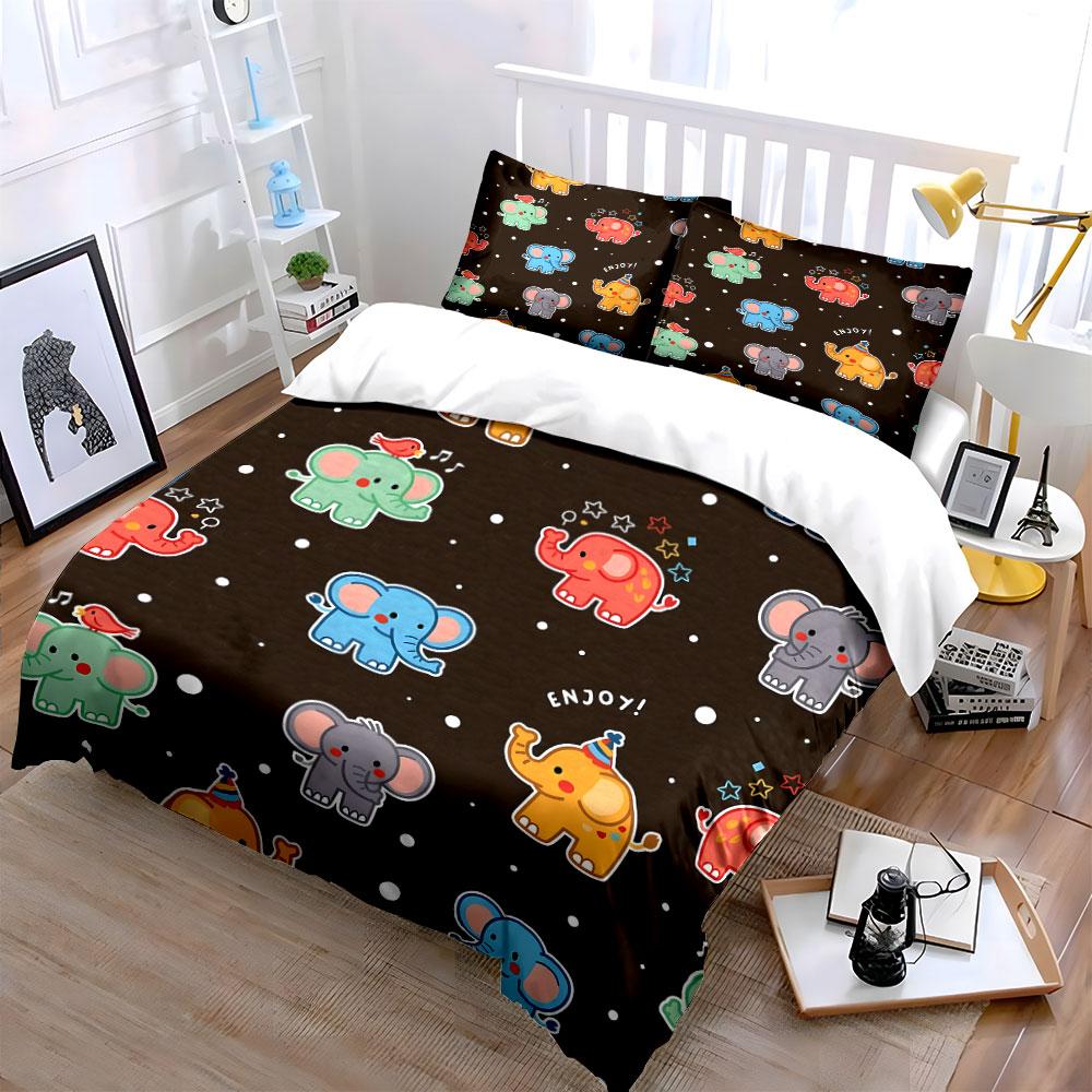 Cartoon Colorful Elephants with Decorations Print Bedding Set 1 Duvet Cover 2 Pillowcases for Adult and Children Luxury Gift