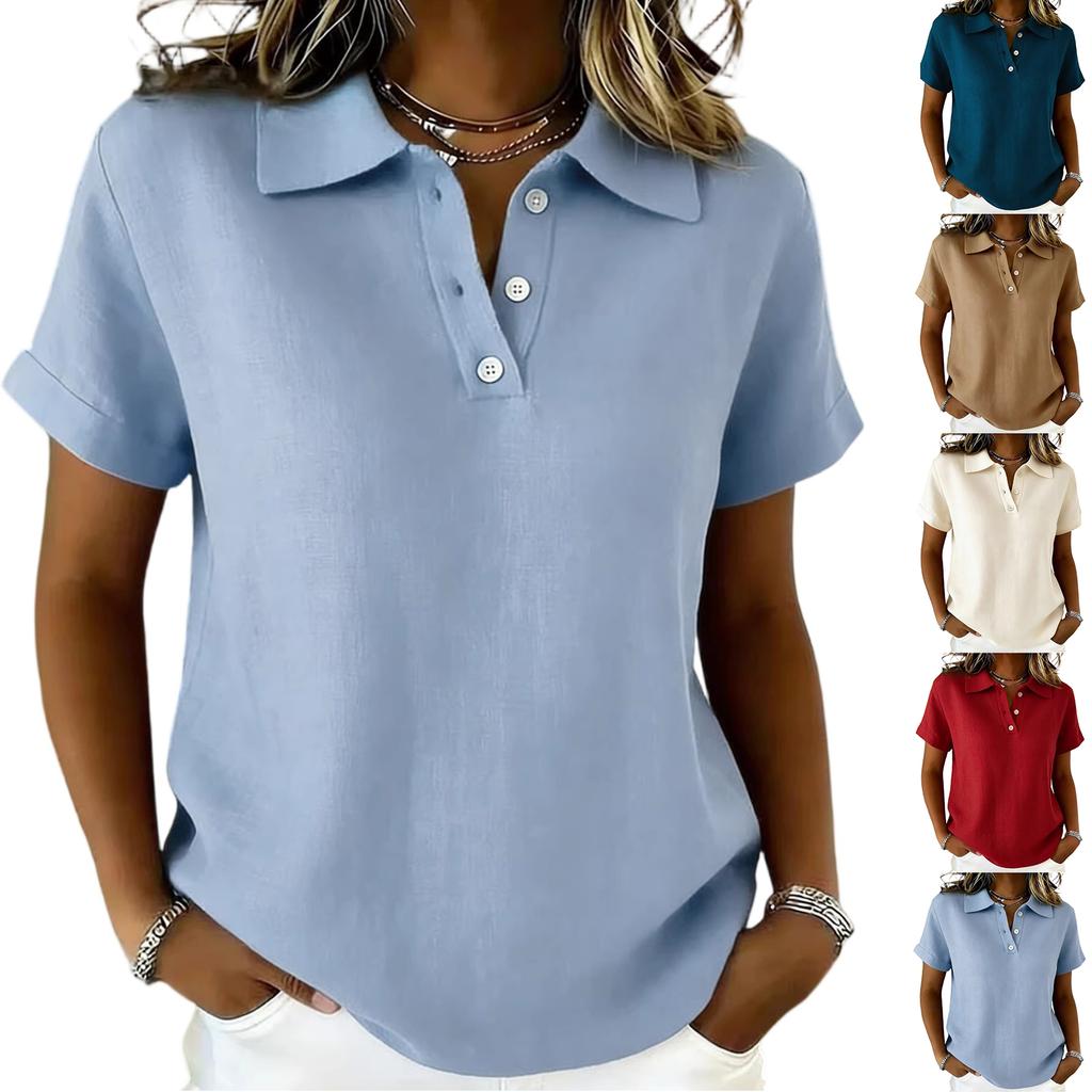 Ladies' Fashionable Casual Button Cotton Linen Short Sleeved Shirt Top