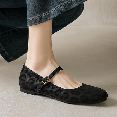 Cow Skin Summer Spring Autumn Winter Flats Buckle Straps Leopard Women Keep Warm Round Toe Mary Janes Shallow Shoes