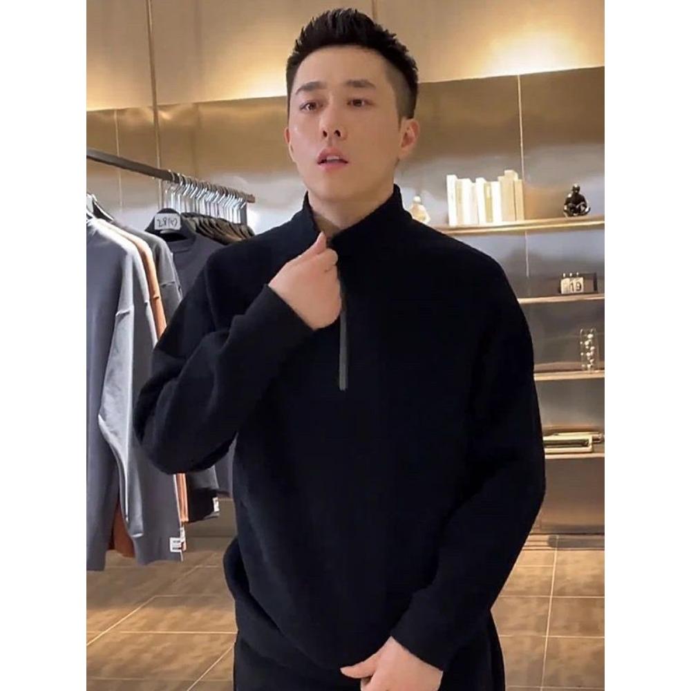 New Texture Stand Up Collar Sweatshirt for Men with Half Zipper Simple Solid Color Versatile Loose Long Sleeved Casual Top