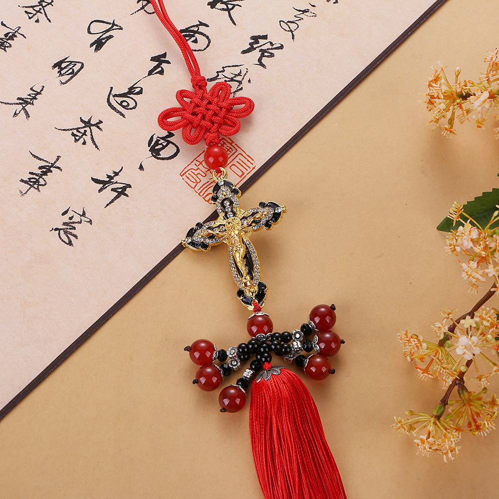 Classic Style Cross Pendant Chinese Knot Black Tassel Car Rearview Mirror Holder for Car Interior Decoration